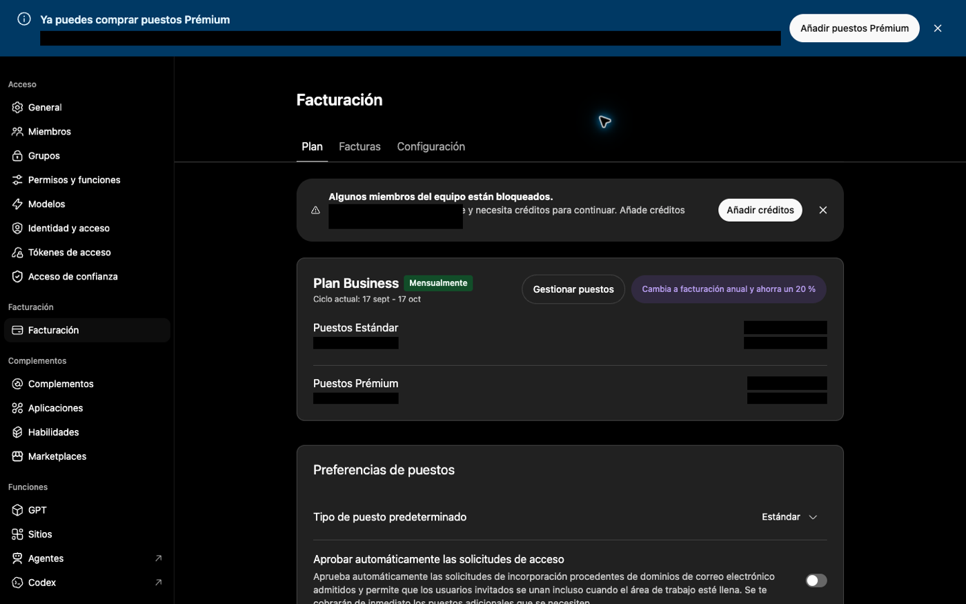 Resumen del plan, puestos y facturación del espacio de trabajo de ChatGPT Business.
