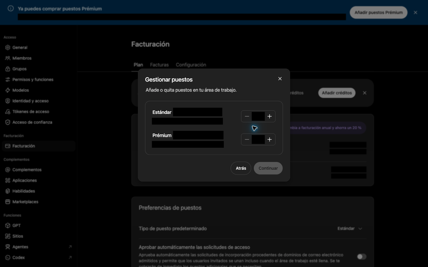 Diálogo para gestionar puestos del espacio de trabajo de ChatGPT Business.