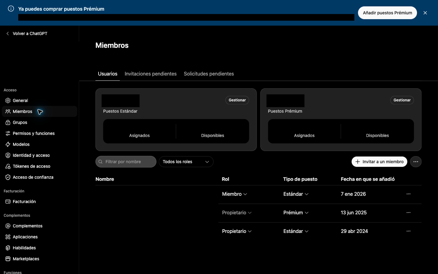 Lista de miembros en la configuración del espacio de trabajo de ChatGPT Business.